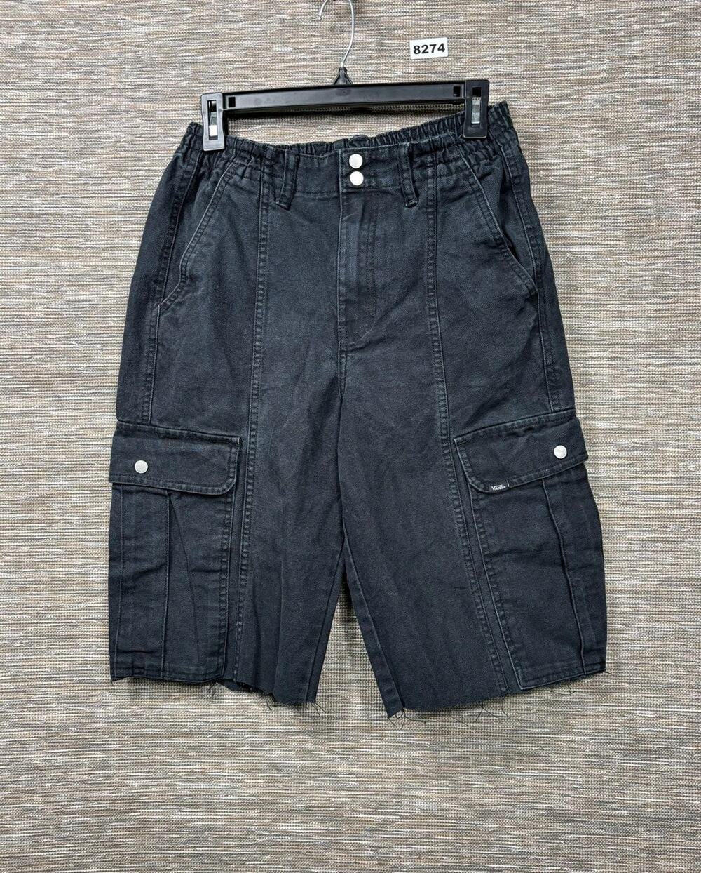 Vans Shorts Mens Small Black Cargo Elastic Waist Off The Wall Raw Hem Pockets
